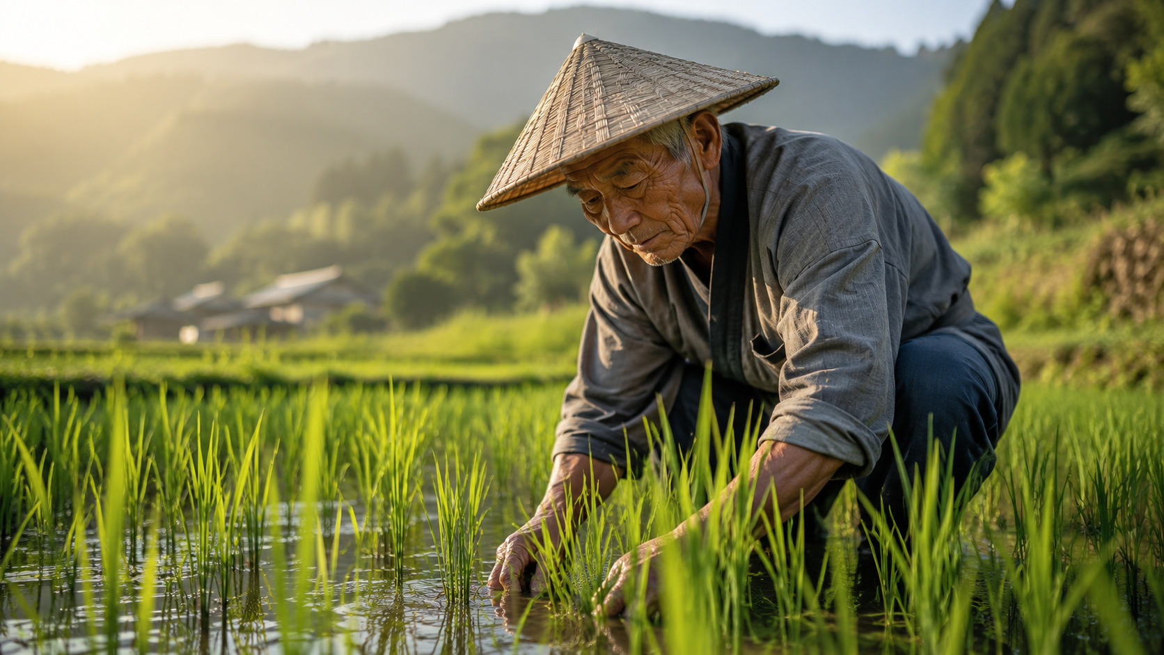 Elderly farmer inspecting rice plants at sunrise
